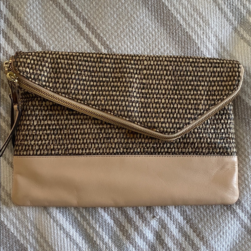 Henri Bendel raffia and leather crossbody clutch with gold-tone hardware